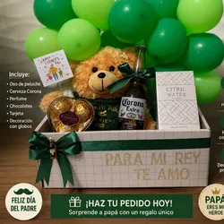 Regalo con peluche, cerveza, perfume y bombones