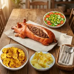 Combo de cerdo entero asado relleno de congris