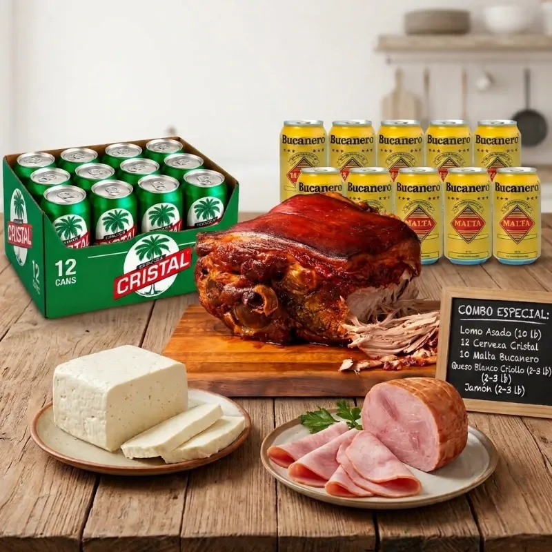 Combo de lomo asado+ cerveza+ malta + queso + jamón