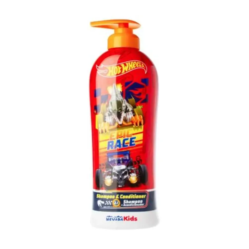 Champú y Acondicionador 2 en 1 de la marca Nevada Kids, con temática de Hot Wheels. 
