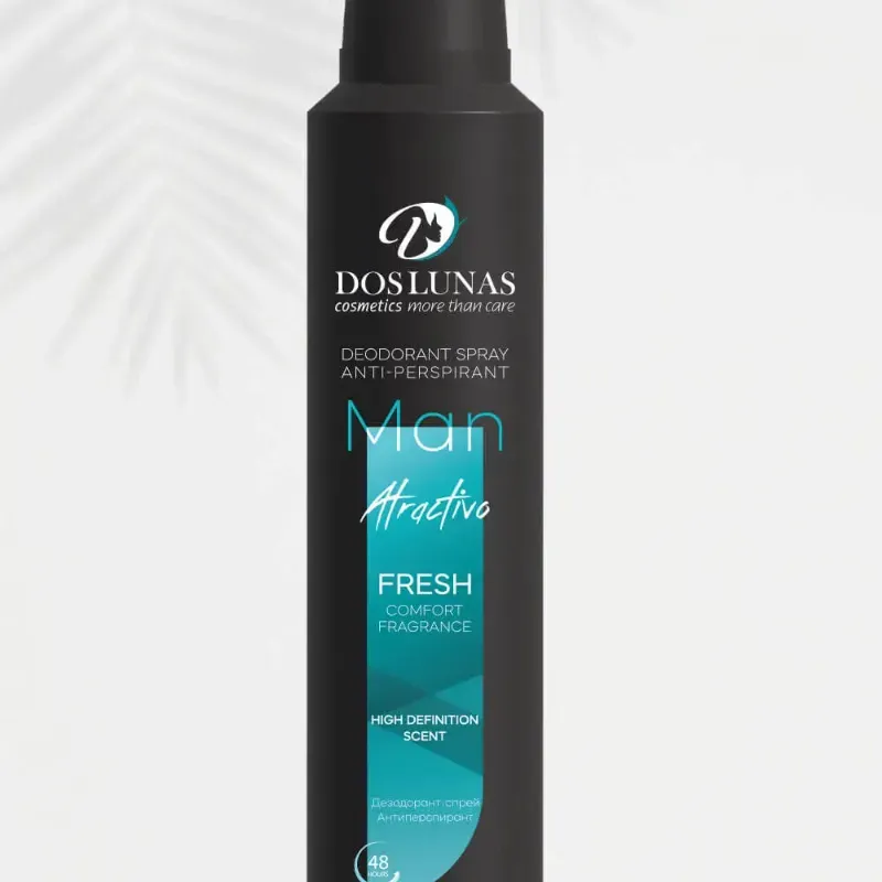 Desodorante en spray antitranspirante "Man Atractivo" de la marca Dos Lunas Cosmetics. 