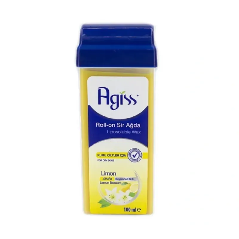 CERA DEPILATPRIA roll-on liposoluble Agiss con aroma a limón, diseñada para pieles secas. 