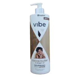 Loción corporal nutritiva Vibe con manteca de cacao y aceite de argán.