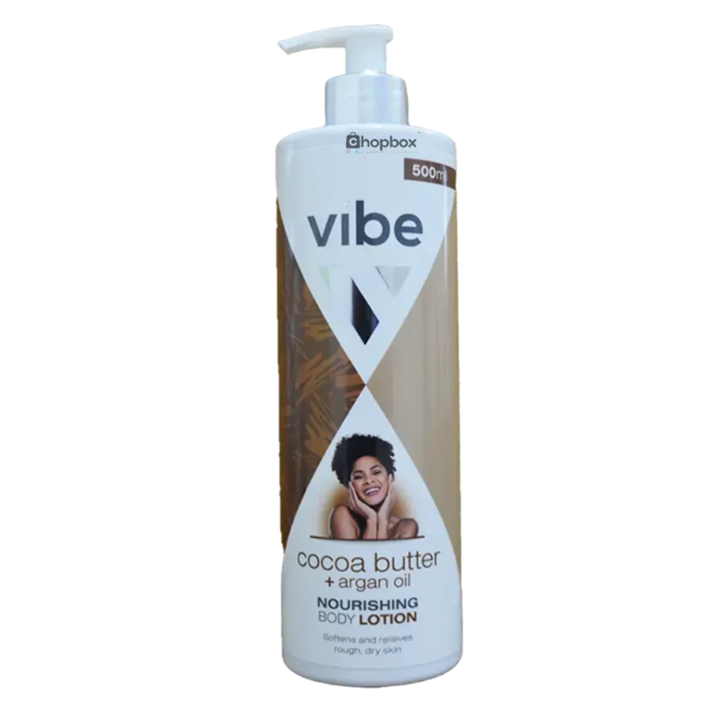 Loción corporal nutritiva Vibe con manteca de cacao y aceite de argán.