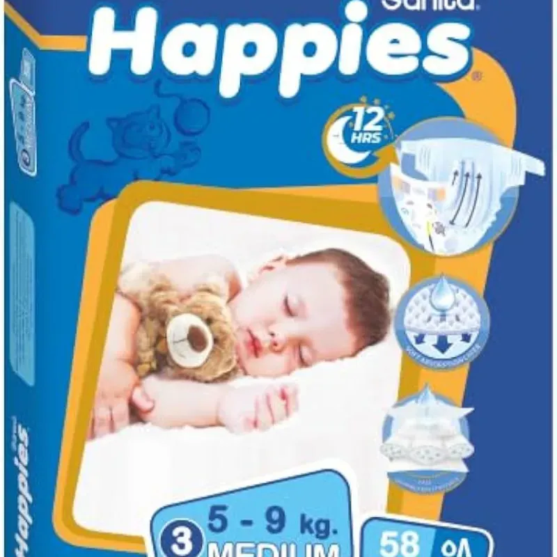 PAÑALES DE BEBE DE LA MARCA Sanita Happies Talla M para bebés de 5–9 kg. 58 unidades.