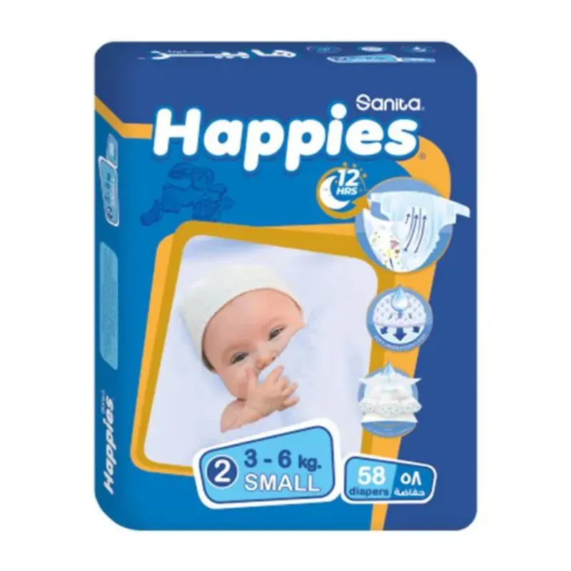 PAÑALES DE BEBE DE LA MARCA Sanita Happiess Talla S para bebés 3–6 kg 58 unidades.