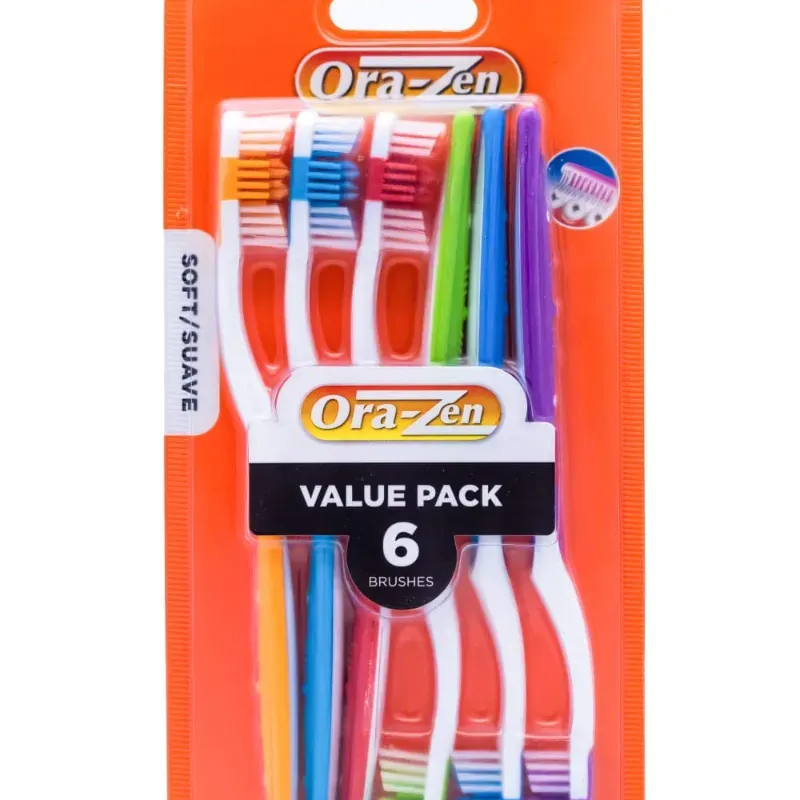 Paquete de 6 cepillos de dientes Ora-Zen de cerdas suaves. 