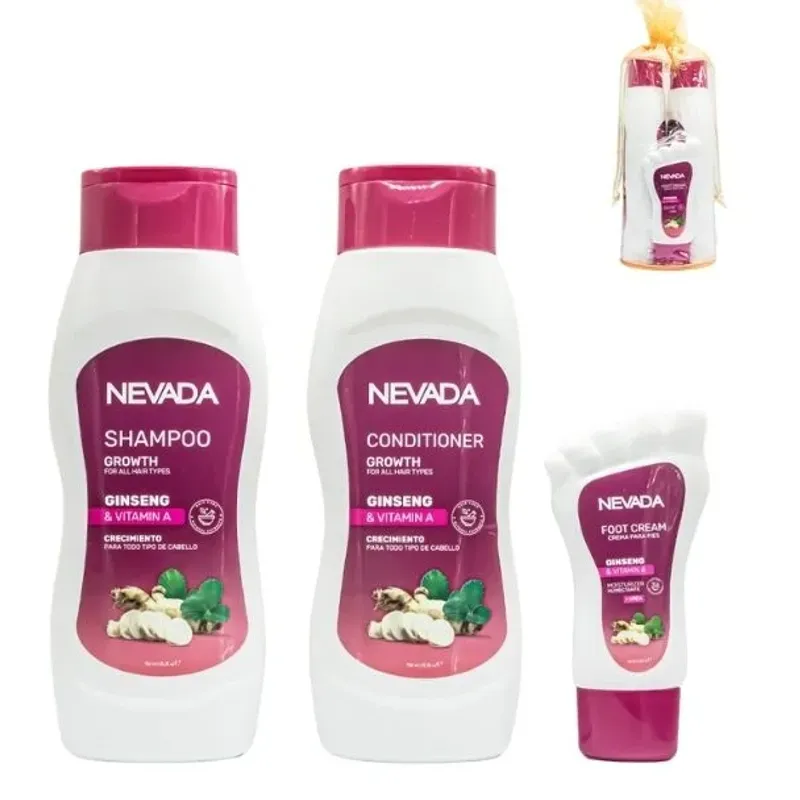 Set capilar de la marca Nevada, específicamente la versión de "Ginseng con Vitamina A" para el crecimiento del cabello. 