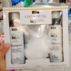 Set de champú y acondicionador de aceite de coco de la marca Elite Essentials.