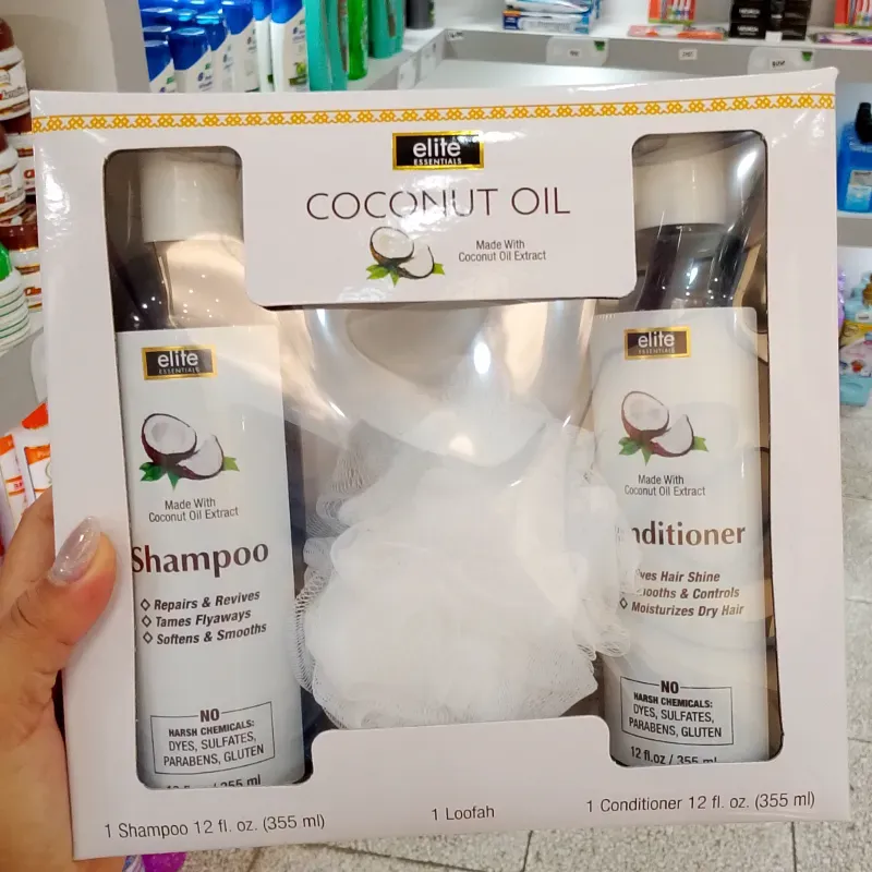 Set de champú y acondicionador de aceite de coco de la marca Elite Essentials.