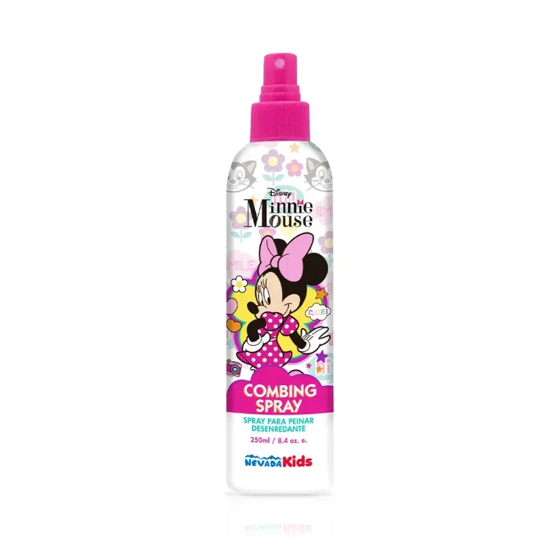 Spray para peinar y desenredar el cabello de la marca Nevada Kids con temática de Minnie Mouse de Disney. 