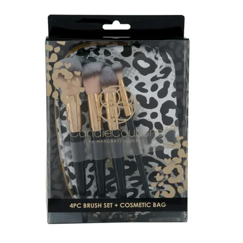 SET DE BROCHAS DE MAQUILLAJE  de 4 piezas de Candie Couture by Margaret Josephs, que incluye un estuche de viaje con estampado de leopardo. 