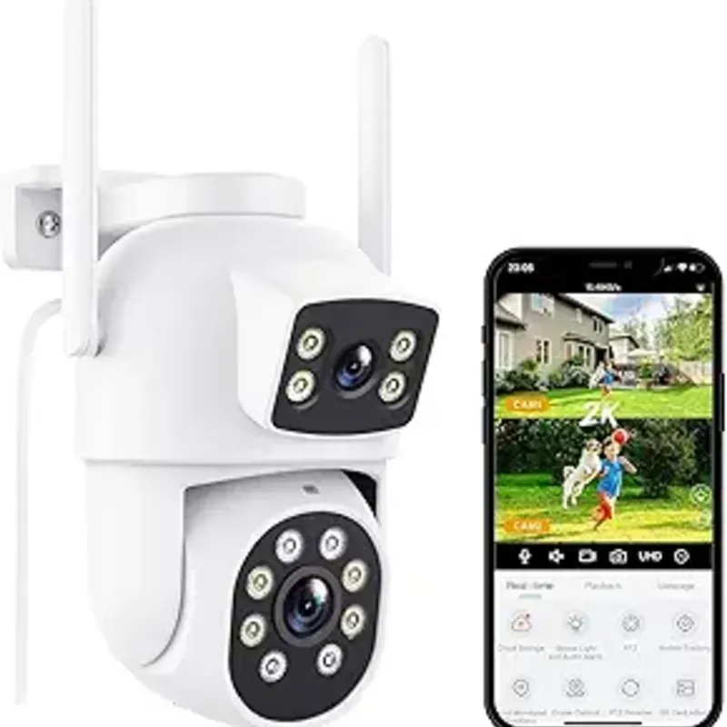 Cámara de seguridad para exteriores con doble lente, cámaras exteriores de 2.5K/6MP para seguridad en el hogar con seguimiento automático, detección humana, visión nocturna a color de 98.4 ft,