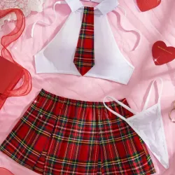 Lencería de colegiala roja 4 piezas