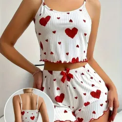 Pijama de 2 piezas blanca con estampado de corazón