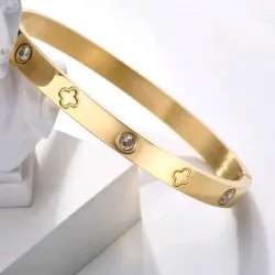 1 pieza Pulsera de acero inoxidable dorado con piedras artificiales para mujeres, no se mancha, ovalada, chapada en oro de 18k, con flores de circonita cúbica artificial. Joyería de diseñador, regalo para adolescentes y el Día de San Valentín