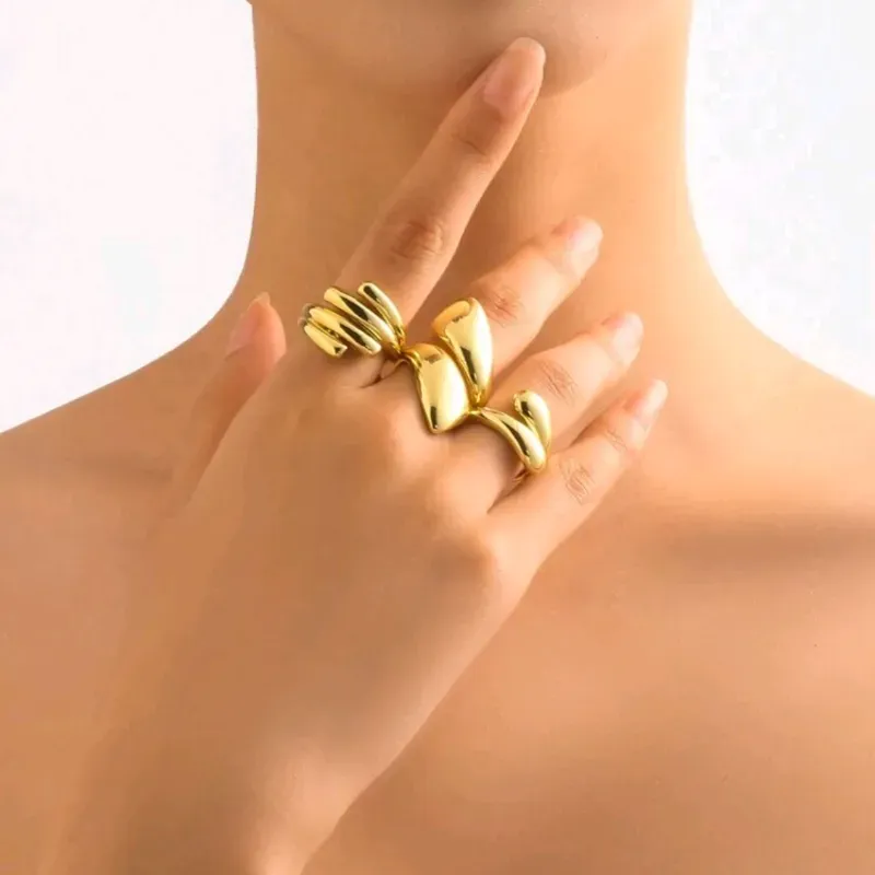 3 piezas Anillos de acero inoxidable de moda con diseño geométrico de gota de agua para mujeres, adecuado para fiesta, reunión, uso diario, joyería color oro