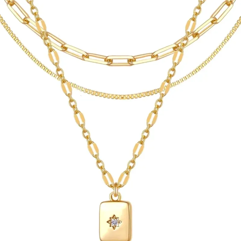 3 piezas/Set Collar de cadena geométrica dorada con colgante de circonita cúbica, joyería de moda para mujer