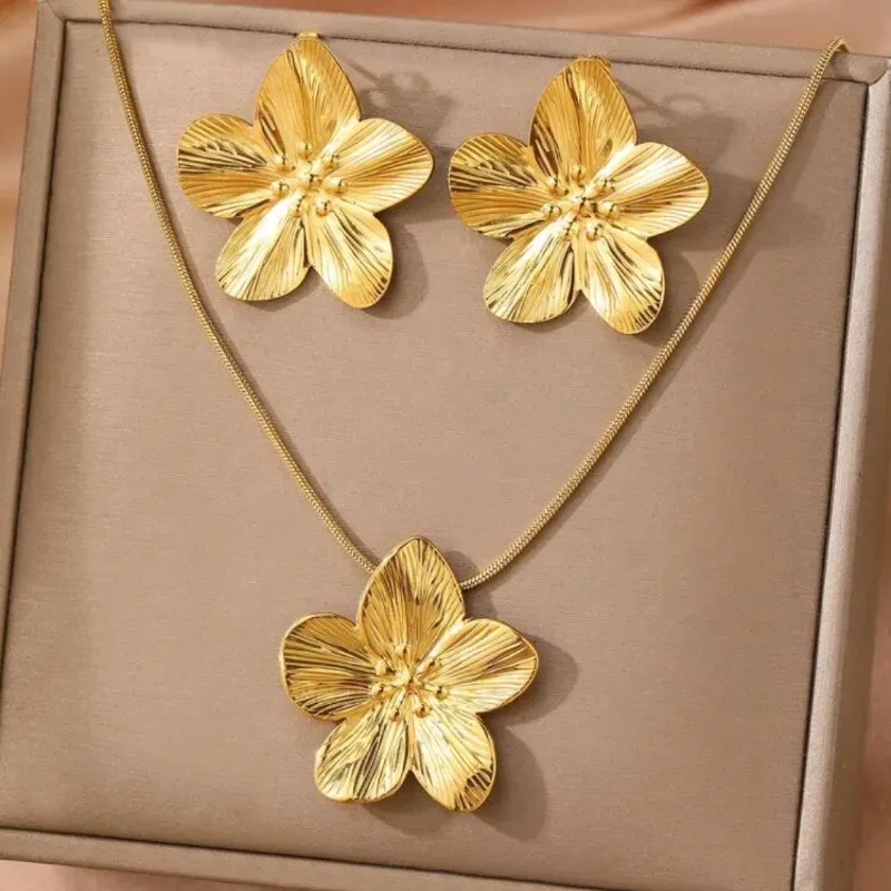 Aomogo 2 piezas/Set conjunto de joyas elegante y de con pendientes y collar de acero inoxidable con diseño floral único