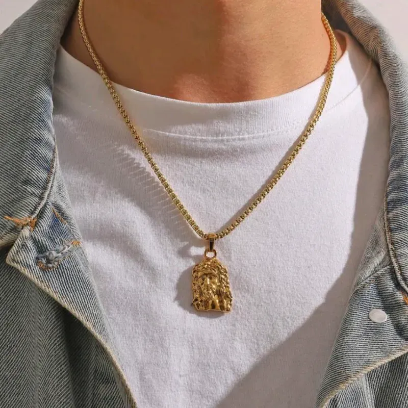 Collar De Hueso Con Colgante De Cabeza De Jesús 3d Neutral, Figura Masculina Dorada, Etiqueta De Hip-hop, Estilo Europeo Y Americano, 1 Ud.