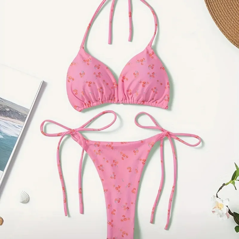 Conjunto de bikini con cuello en V con estampado floral para mujer, mezcla de poliéster y elastano, alta elasticidad