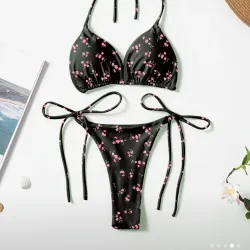 Conjunto de bikini con cuello en V con estampado floral para mujer, mezcla de poliéster y elastano, alta elasticidad, tejido de punto, con detalle de lazo, para un estilo de lencería sexy.