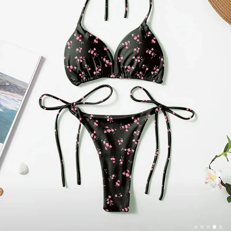 Conjunto de bikini con cuello en V con estampado floral para mujer, mezcla de poliéster y elastano, alta elasticidad, tejido de punto, con detalle de lazo, para un estilo de lencería sexy.