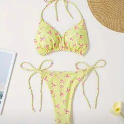 Conjunto de bikini con cuello en V con estampado floral para mujer