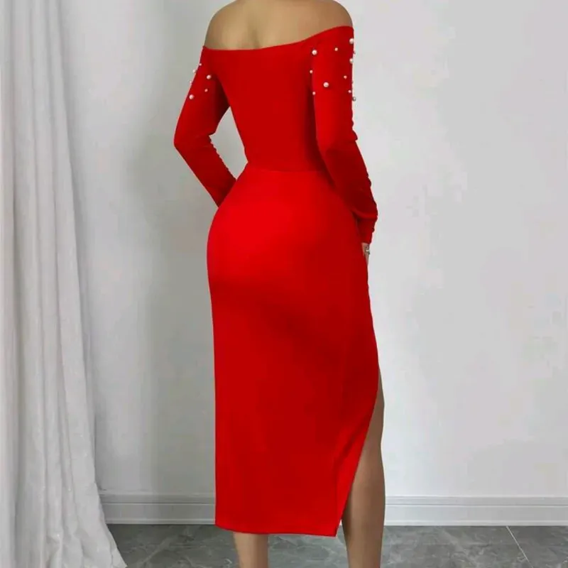 Elenzga Vestido ajustado con hombros abiertos, manga larga, drapeado, abertura alta y diseño de perlas, para ropa de Año Nuevo de mujer