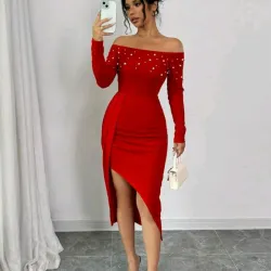 Elenzga Vestido ajustado con hombros abiertos, manga larga, drapeado, abertura alta y diseño de perlas, para ropa de Año Nuevo de mujer