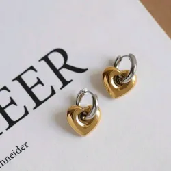 Pendientes clásicos retro desmontables con corazón para mujeres, colgante con forma de corazón simple y de moda de acero inoxidable que no se descolora, clips de oreja de color bloque, joyería de San Valentín, para mamá, madre, Día de la Madre, regalo