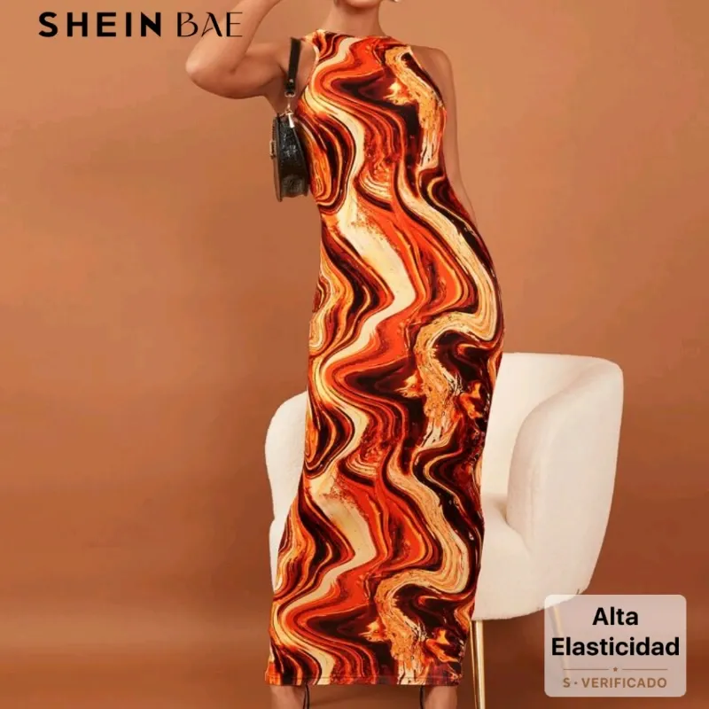 SHEIN BAE Vestido ajustado al azar con estampado de mármol con abertura trasera