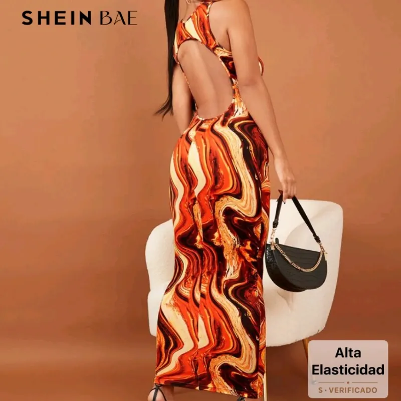 SHEIN BAE Vestido ajustado al azar con estampado de mármol con abertura trasera