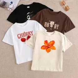 SHEIN camisetas ajustadas de mujer de manga corta y cuello redondo con estampado de calavera, flores de cerezo, cráneo occidental y hibisco, adecuadas para el verano