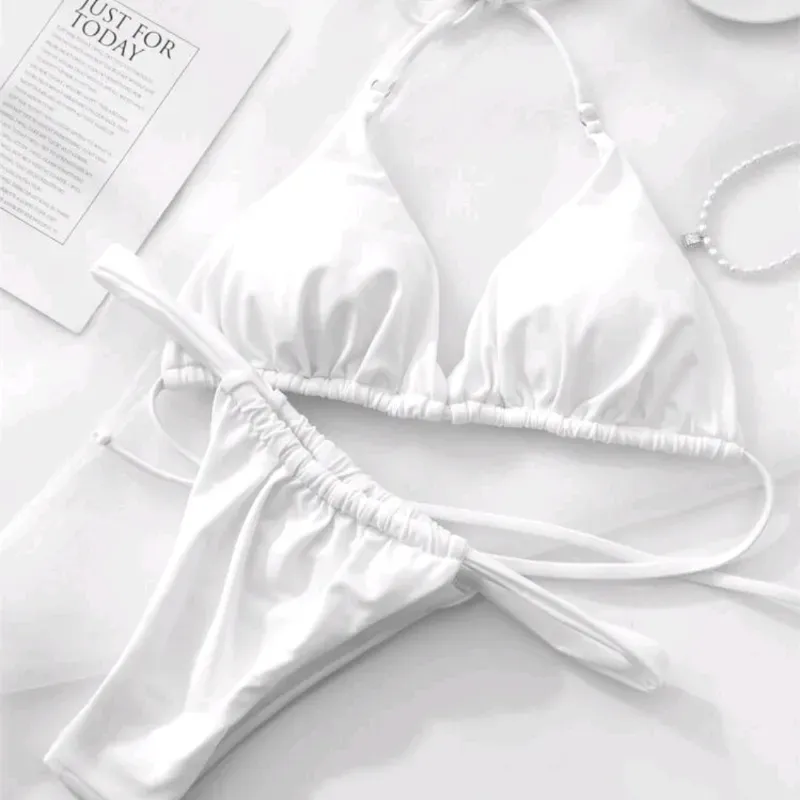 SHEIN Swim Conjunto de bikini de triángulo con copa separada de unicolor para playa de verano