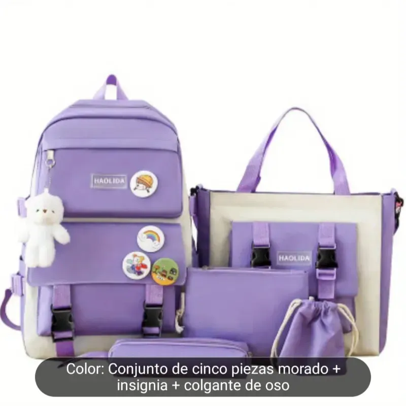 Mochila violeta y blanca de 5 piezas (ID 222)
