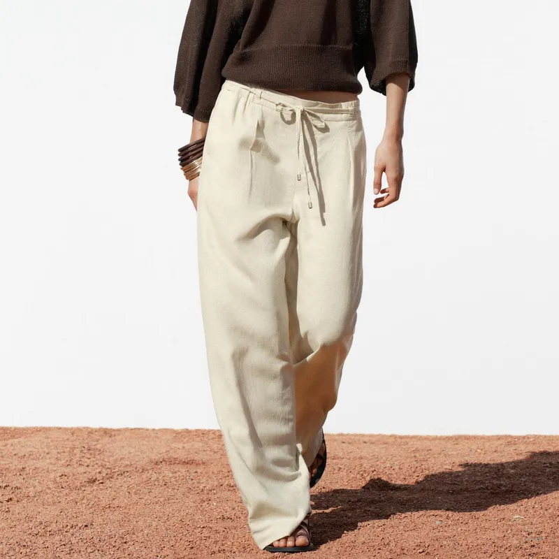 Pantalón Ancho Lino Cinturón 