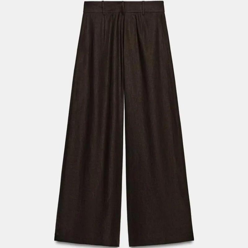 Pantalón ancho mezcla de lino Marrón