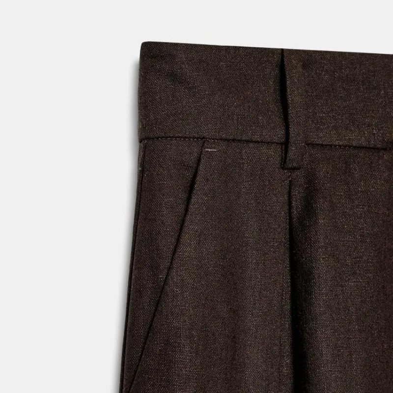 Pantalón ancho mezcla de lino Marrón