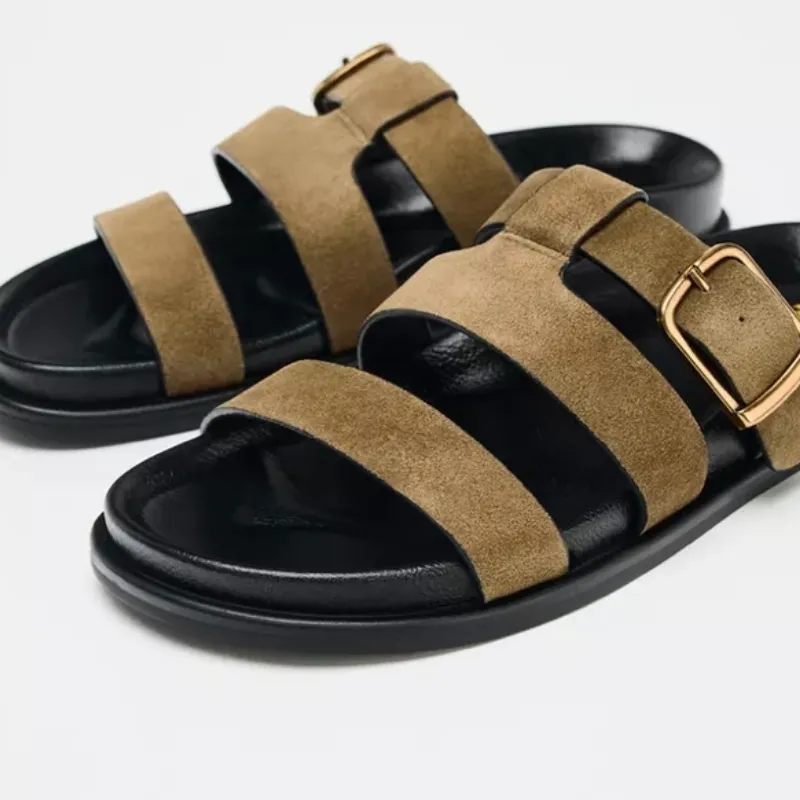 Sandalias planas hebillas serraje