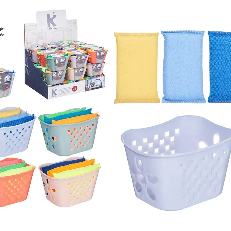 Set 3 estropajos con cesta (colores variados)