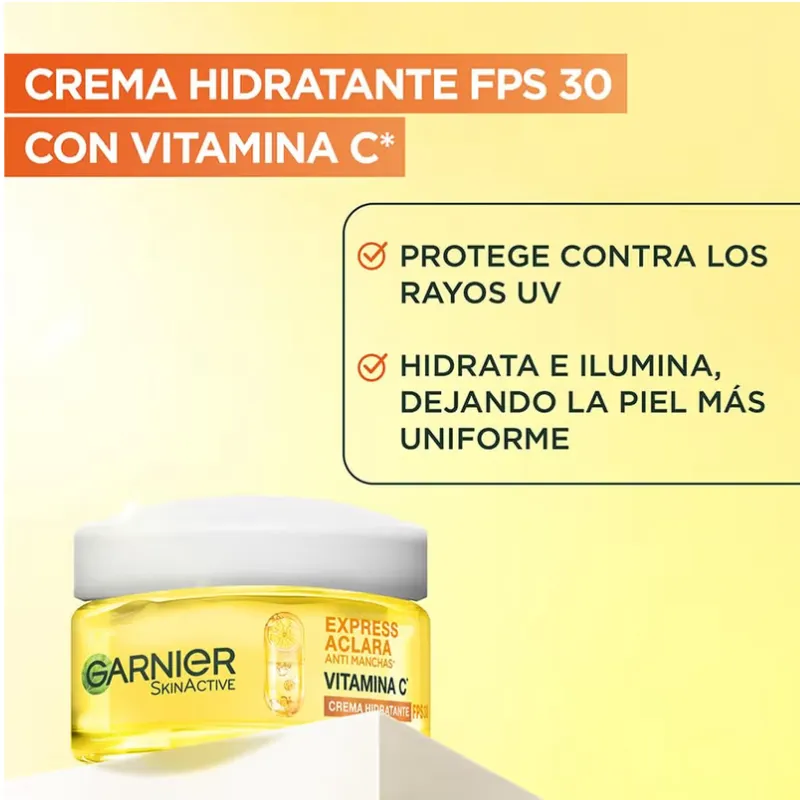 Crema Garnier Skin Active Face Express Aclara, tono uniforme con FPS30