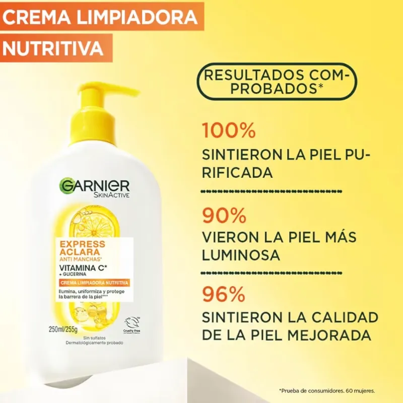 Crema Limpiadora Nutritiva Anti Manchas Express Aclara de Garnier SkinActive. 