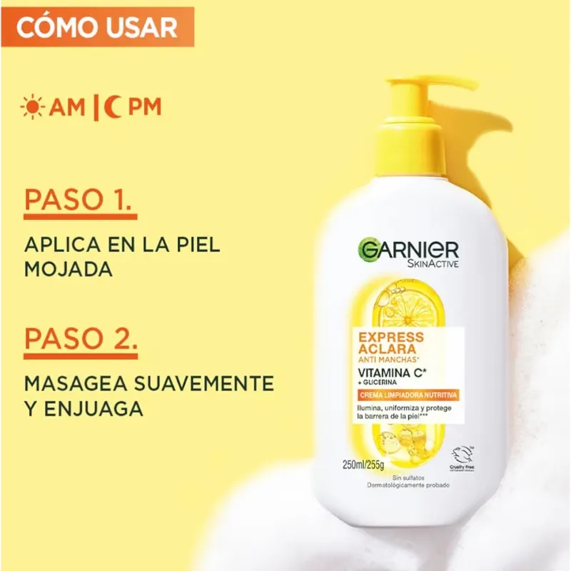 Crema Limpiadora Nutritiva Anti Manchas Express Aclara de Garnier SkinActive. 