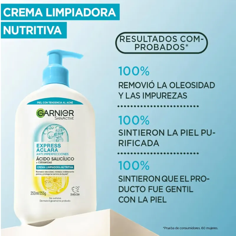 Crema Limpiadora Nutritiva Express Aclara Anti-Imperfecciones de Garnier SkinActive. 