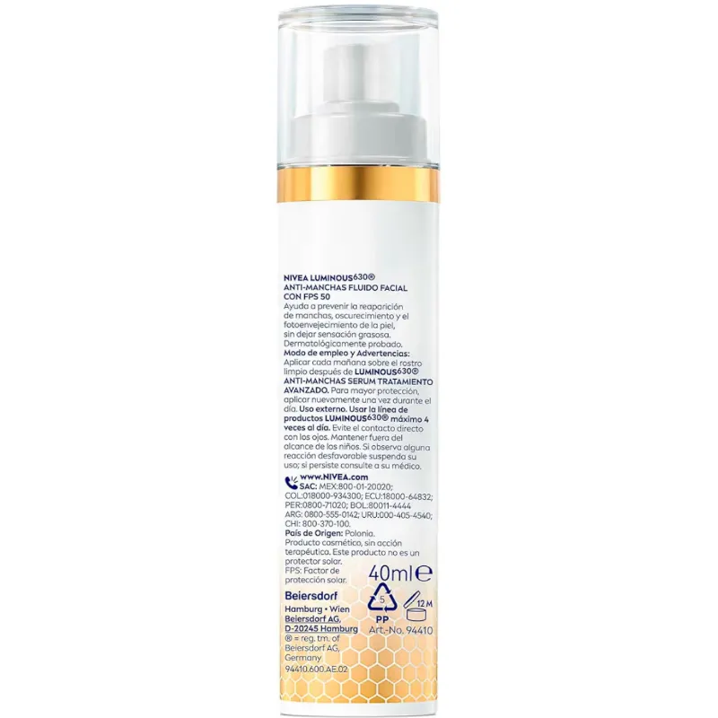 NIVEA Cellular LUMINOUS630 Anti-manchas Fluido Facial Aclarador de Piel FPS50 (40 ml)