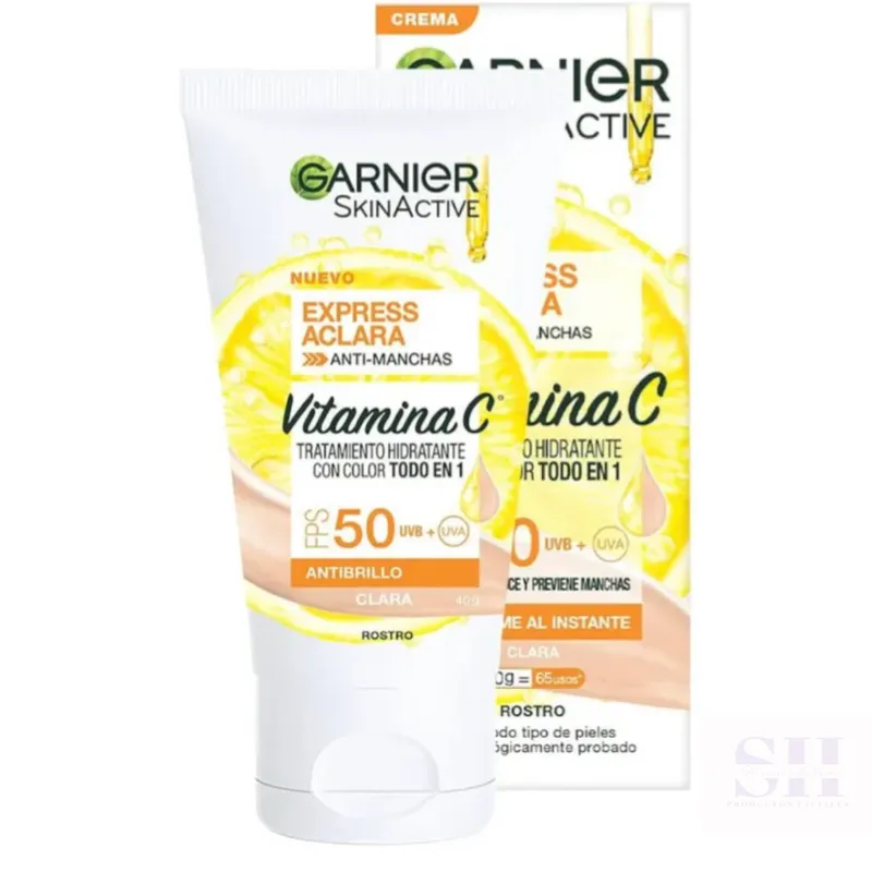 Garnier Crema Todo en uno tono claro con protección solar FPS50 y Vitamina C Express Aclara 