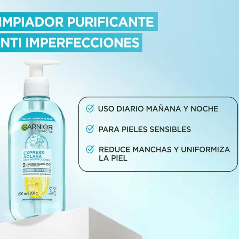 Garnier Express Aclara Gel limpiador facial purificante Anti-imperfecciones con Acido Salicílico y Vitamina C