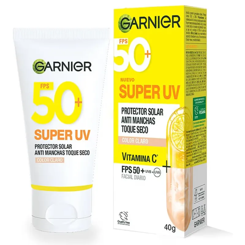 Garnier Super UV Protector Solar Facial Toque Seco Efecto Mate Con Color Tono Claro, Textura Ligera Gel Crema Hidratante con Vitamina C