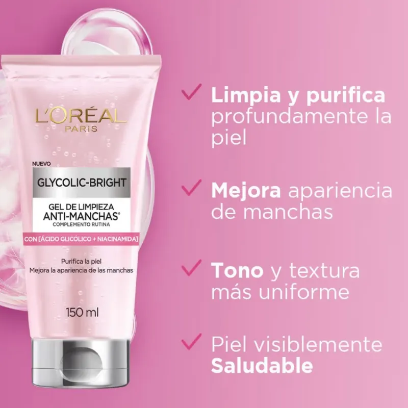 L'Oréal Paris Gel de Limpieza Anti-manchas Glycolic Bright con Ácido Glicólico y Niacinamida